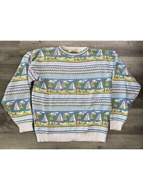 VTG Crossings 100% Cotton Knit Sweater Nautical Sailboat 3D USA Made 90s Medium